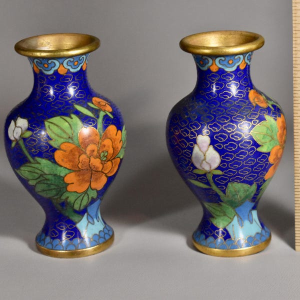 Pair of Vintage Jingfa Cloissonne VasesWith Flowers, Cherry Tree BlueEnamel, PerfectCondition.
