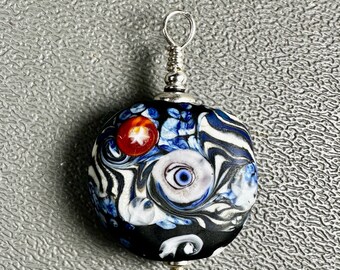 Signed Lamp Work Eye Bead Pendant Set in Sterling Silver