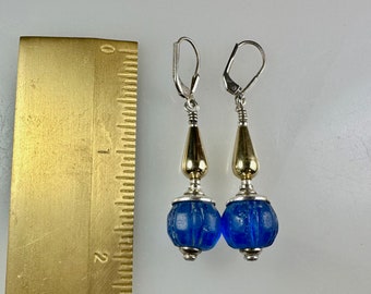 Blue Antique Glass Trade Bead Earrings Set in Sterling Silver, with Sterling Lever Backs