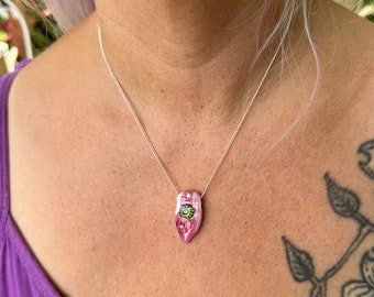 Lamp Work Glass Pendant Necklace Pink and White with Florals. 17 Inch Sterling Silver Chain