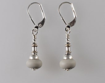 Grey Matte Lamp Work Glass and Sterling Silver Small Earrings With Leverbacks