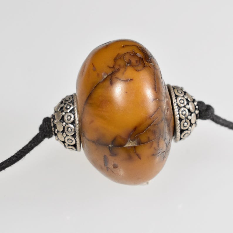 Necklace Rare Moroccan Copal Amber Set in Vintage Hand Fashioned Silver Bead Caps on Two Knot Cord image 2