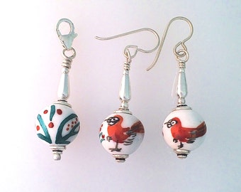 Birder Earrings And Zipper Pull Rare Hand Painted Antique Chinese Porcelain