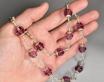 Swarovski Crystal Necklace With 14MM Amethyst Faceted Beads in Sterling Silver  20.5 ins. Egyptian Clasp by Me..
