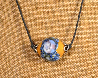 Lamp Work Abstract Glass Bead Necklace on Brown Linen Cord With Two Sliding Knots.