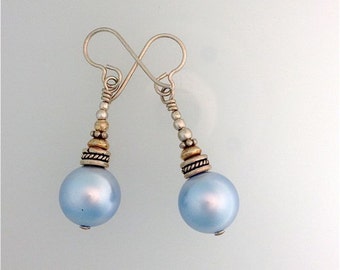 Swarovski Crystal Pearl Earrings Pale Blue 10mm Pearls w/ Sterling Silver French Hooks