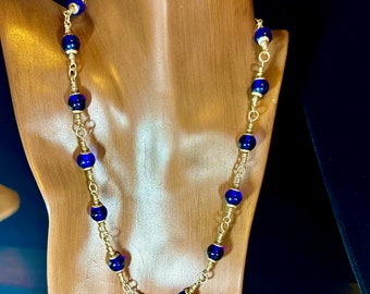 Cobalt Blue Glass Necklace in Sterling Silver... 22 inches 2 Clasps.