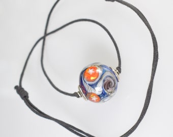Lamp Work Marble Bead Necklace Two Knot Cord
