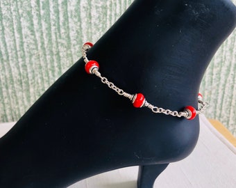 Red Lamp Work Glass and Sterling Silver Anklet 9 3/4 inches