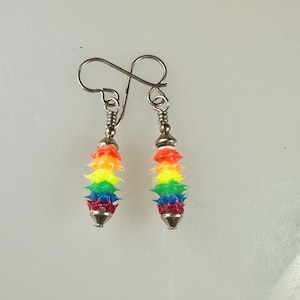 May include: Rainbow colored dangle earrings with silver hooks. The earrings are made of small, stacked, layered beads.