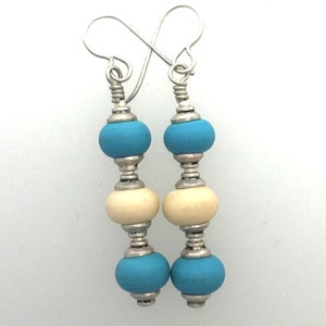 Turquoise and Ivory Glass Lampwork and Sterling Silver Earrings