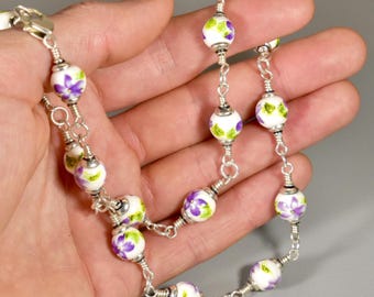 Pansy Porcelain and Sterling Silver Necklace 19 inches Silver Heart Clasp