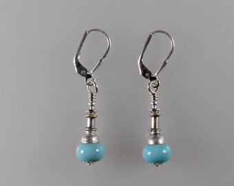 Turquoise Lampwork Glass and Sterling Silver Small Earrings With Leverbacks