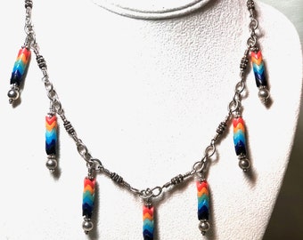 Necklace Rainbow Vintage Glass Snake Beads and Silver Set