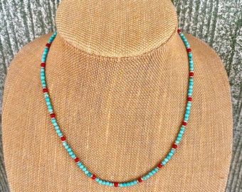 Turquoise And Coral 3mm Stone Beads Choker Necklace Length 14 1/2 x 16 inches Sterling Silver Clasp and Spacer Beads