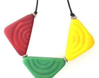 Reggae Colors Glass Bead Traditional Vintage African Pendant Necklace on Adjustable Cord