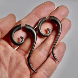 May include: A pair of dark brown, spiral-shaped earrings. The earrings have a curved design with a small, circular end and a long, tapered body. The earrings are made of wood and have a smooth, polished finish.