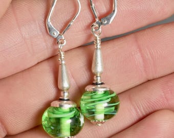 Earrings Dangle, Green Lampwork Filigrana in Sterling Silver Setting