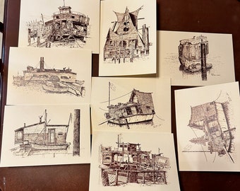 Gift Cards Set of 7 images Drawn in 1979 of Retired Car Ferries and also Houseboats In the Sausalito Waterfront in the 1970's.