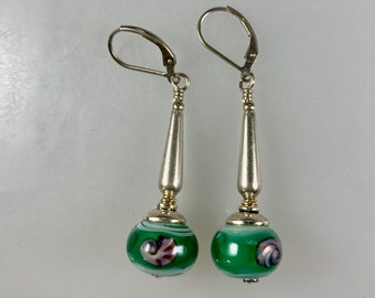 Green Lamp Work Earrings With Sterling Silver and Shells