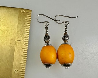 Orange Trade Bead Togo Island Earrings Set in Sterling Silver