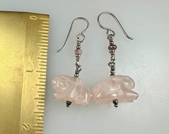Earrings Rose Quartz Carved Rabbits in Sterling Silver With a touch of Tourmaline.
