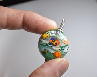 LampWork Glass Bead Pendant Ocean Scene  Set in Sterling Silver