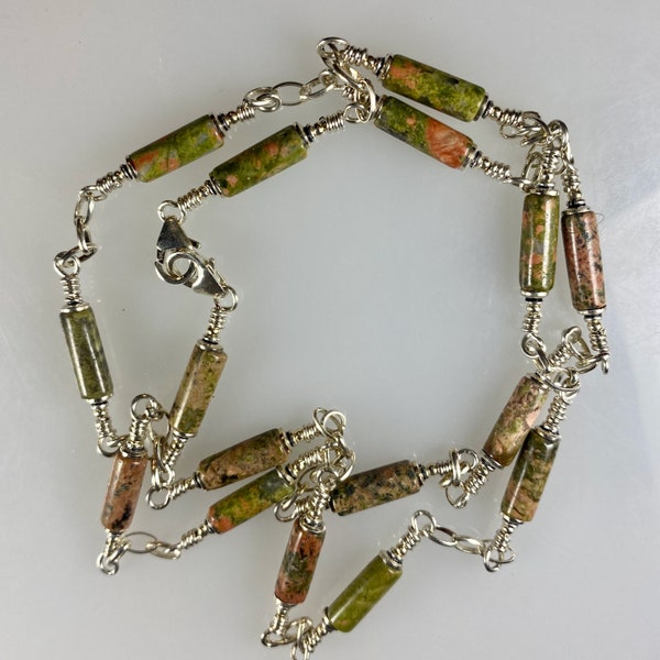 Stone Unakite and Sterling Silver Necklace 29 ins Two Clasps