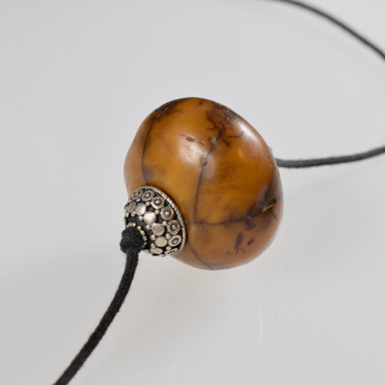 Necklace Rare Moroccan Copal Amber Set in Vintage Hand Fashioned Silver Bead Caps on Two Knot Cord image 3