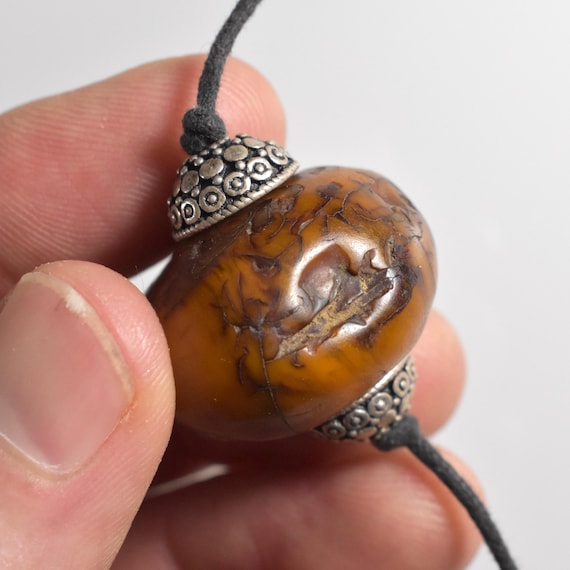 Necklace Rare Moroccan Copal Amber Set in Vintage Hand Fashioned Silver Bead Caps on Two Knot Cord