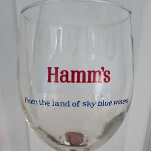 Hamm&#39;s Beer Glass Vintage Special White Christmas Tree Half Pint Goblet. Circa 1962-1967. Reads &quot;From the Land of Sky Blue Waters&quot; 6&quot;