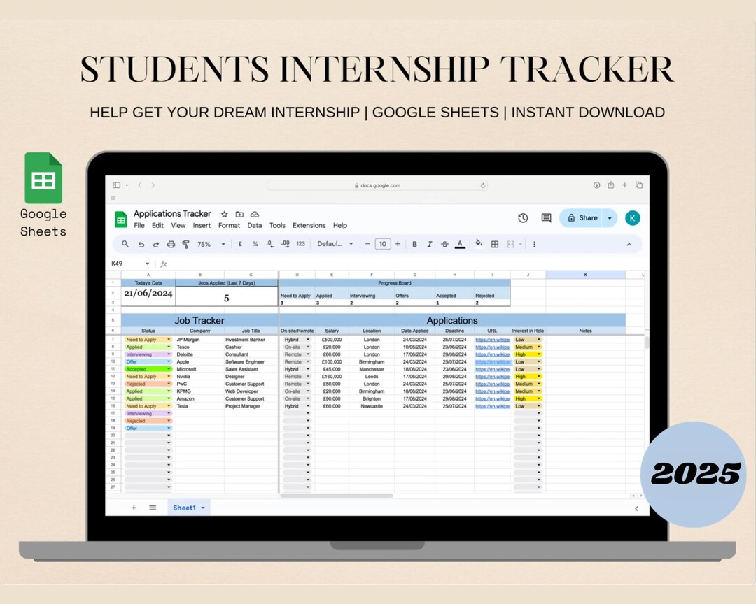 Ultimate Internship and Job Application Tracker | Google Sheets ...