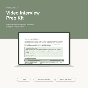 May include: A digital product display featuring the text CareerLaunchLab Video Interview Prep Kit, HireVue & one-way interviews, decoded—a complete UK prep system. A laptop screen shows a guide on how to use this bank, including STAR structures.