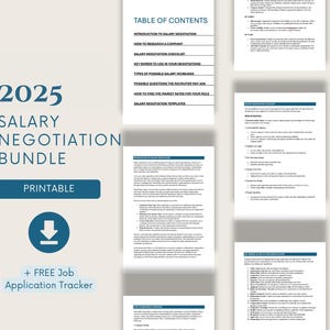 Könnte beinhalten: Ein digitales Download-Bundle für Gehaltsverhandlungen im Jahr 2025. Das Bundle enthält eine druckbare Checkliste, Schlüsselwörter und Vorlagen. Das Cover zeigt den Text "2025 Salary Negotiation Bundle" in Blau und Weiß, mit einem Download-Symbol und dem Wort "Printable".
