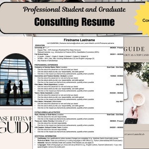 May include: A professional student and graduate consulting resume template with a guide on how to stand out as a top candidate. The resume template includes sections for education, professional experience, extracurricular activities, and additional information. The template also includes a guide on how to stand out as a top candidate.