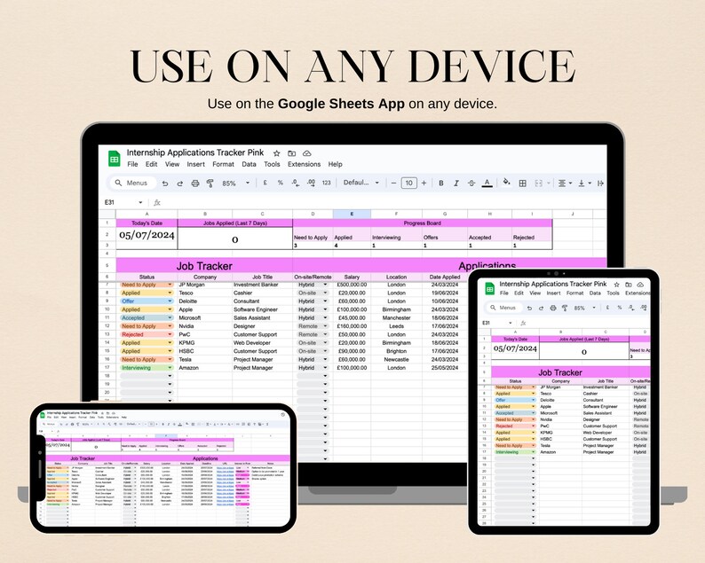 Internship Interface Job Application Tracker Google Sheets Template, Pink Internship Tracker ...