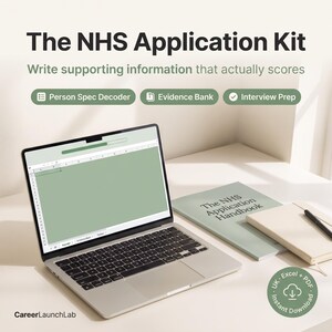 May include: The NHS Application Kit includes a laptop displaying a spreadsheet, a handbook titled The NHS Application Handbook, and a notebook with a pen. Text reads: The NHS Application Kit, Write supporting information that actually scores.