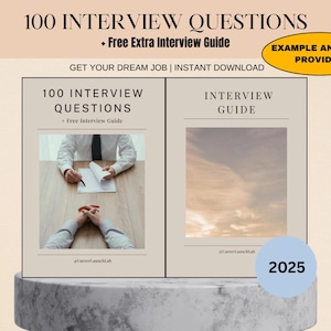 100 Interview Questions and Guide Book, Job Interview Prep, Career Advice, Interview Tips, Professional Development