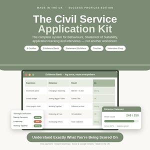 May include: The Civil Service Application Kit, a digital system featuring guides, an evidence bank, statement builders, a tracker, and interview prep. The interface displays an evidence bank spreadsheet, a strength indicator, and a behavior statement word count tracker with a 248/250 count. The color palette is sage green and white.