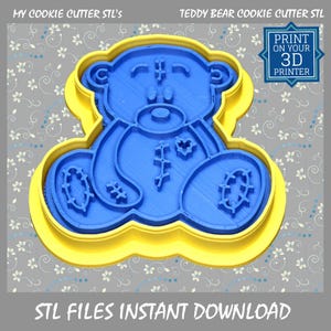 May include: A blue teddy bear cookie cutter with a yellow outline. The cutter has detailed features and the text "PRINT ON YOUR 3D PRINTER" is visible. The image also includes the text "STL FILES INSTANT DOWNLOAD".