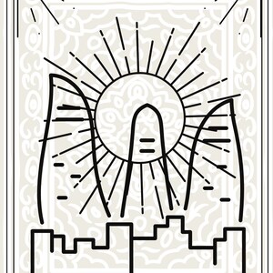 Puede incluir: Una ilustración en blanco y negro de un horizonte urbano estilizado con tres edificios altos y un sol con rayos. El texto "THE LAND OF FIRE" está debajo de la imagen.