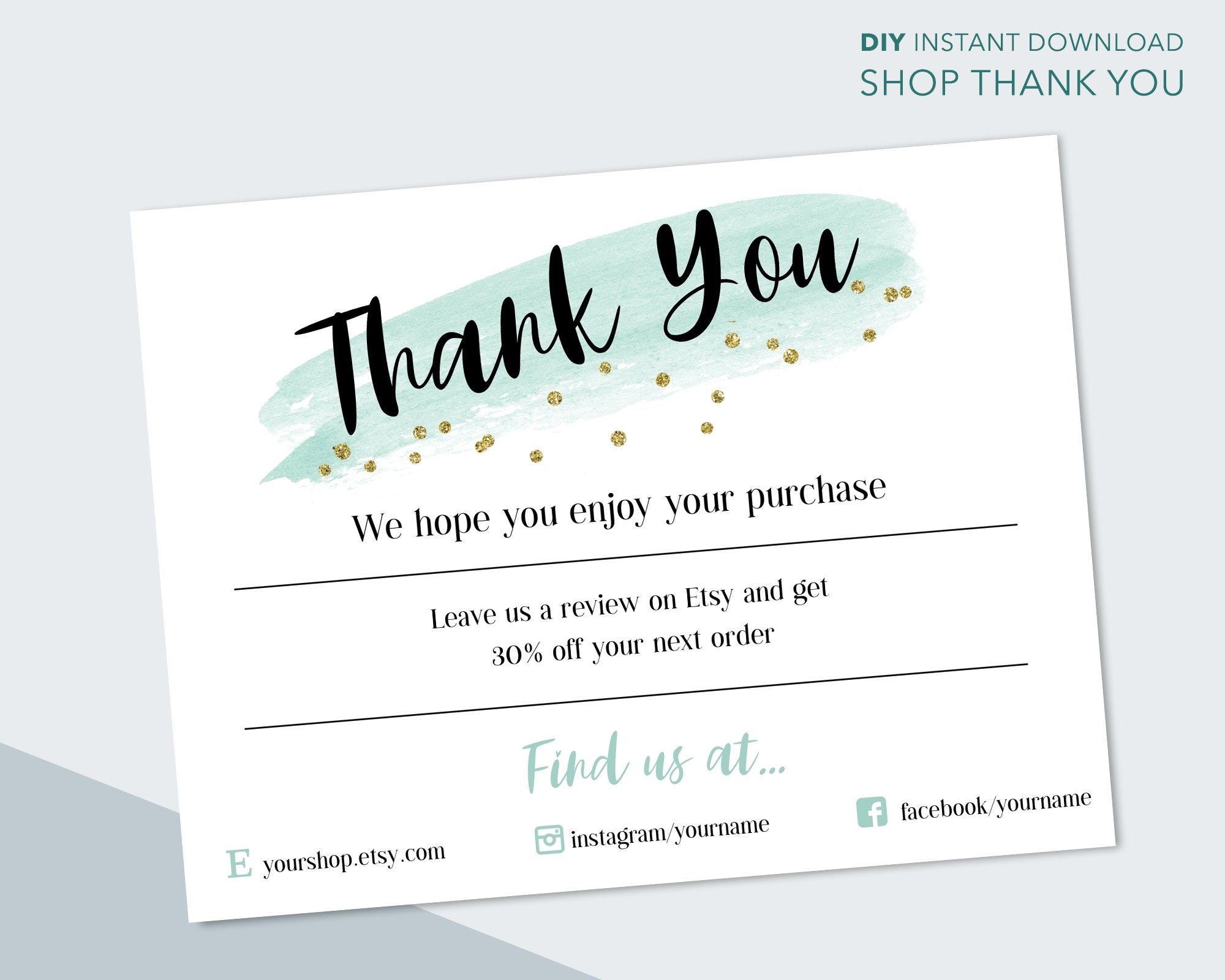 Thank You For Your Order Card Editable Watercolor And Glitter Design Purchase Cards Thank You Packing Note For Your Etsy Shop Green Thank You For Your Order Card Editable Watercolor And Glitter Design Purchase Cards Thank You Packing Note For Your Etsy Shop Green