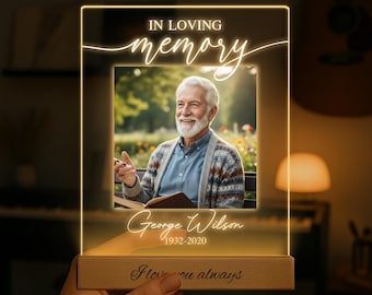Personalized Sympathy Memorial Gift for dad, Photo LED Wood Stand Room Night Light Up Table Lamp- In Loving Memory, Remembrance Loss Grandpa