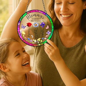 Personalized Grandma&#39;s Garden Suncatcher: Birth Month Flowers, Stained Glass Style