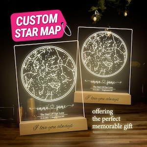 Mapa estelar personalizado por fecha, luz nocturna con mapa estelar, mapa de constelaciones personalizado, cielo nocturno por fecha, regalo de compromiso para él y para ella, regalos para ella