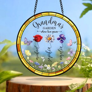 Personalized Grandma&#39;s Garden Suncatcher: Birth Month Flowers, Stained Glass Style