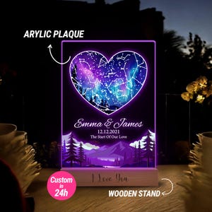 Impresión de luz LED de aurora con mapa estelar personalizado, el comienzo de nuestro amor, impresión del cielo nocturno, póster de mapa estelar, regalo de boda, impresión de constelación, T1