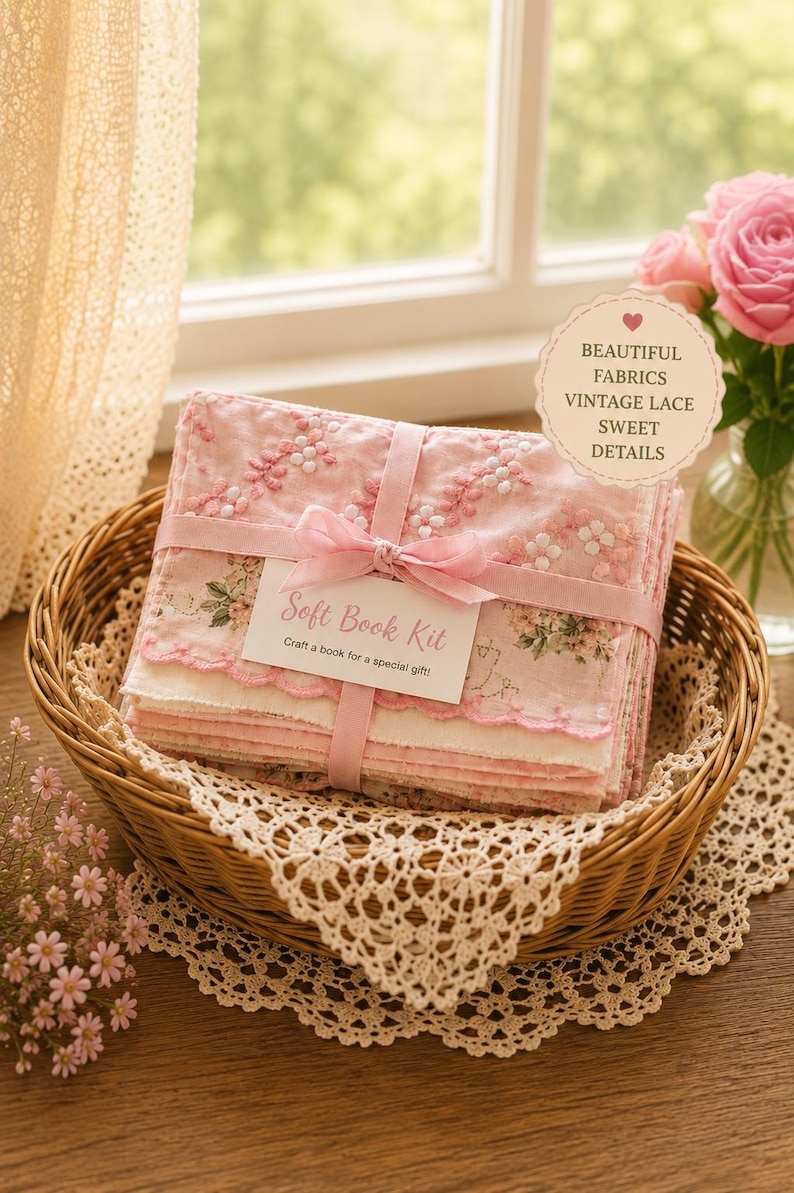 May include: A soft book kit featuring stacked fabric pages with pink floral embroidery and scalloped edges, tied with a pink ribbon. A white tag reads Soft Book Kit, Craft a book for a special gift, and a circular label says BEAUTIFUL FABRICS VINTAGE LACE SWEET DETAILS.