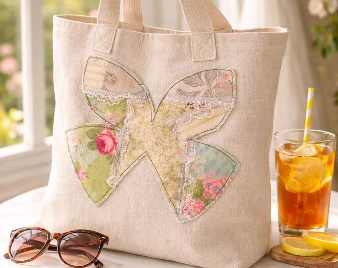 Shabby Butterfly Tote Bag Applique Patch Side Seam Upcycled Clothing Decoration  Fashion Unique Gift Fabric Craft