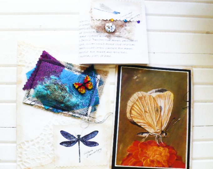 Dragonfly Glassine Bag Gift Set With Mini Journal and Note Card. Junk Journal Ephemera or Snail Mail Pen Pal Writing Friendship.